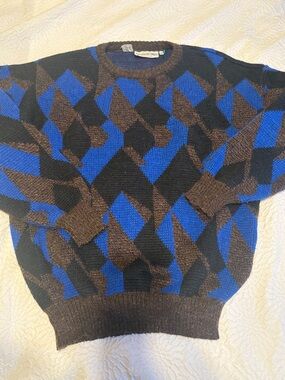 Members Only Vintage Blue, Black & Brown Geometric Woolblend Crewneck Sweater